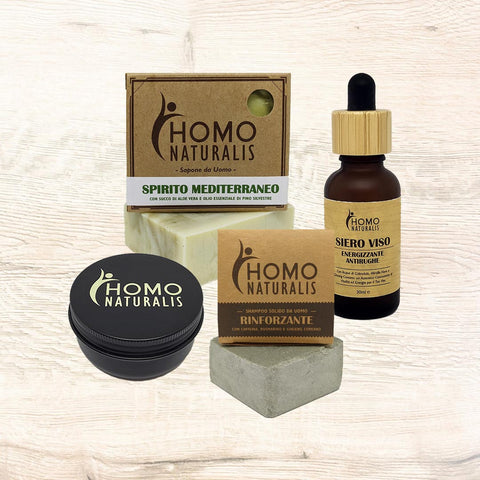 Kit routine mini Homo Naturalis sapone Spirito Mediterraneo shampoo rinforzante deodorante siero viso