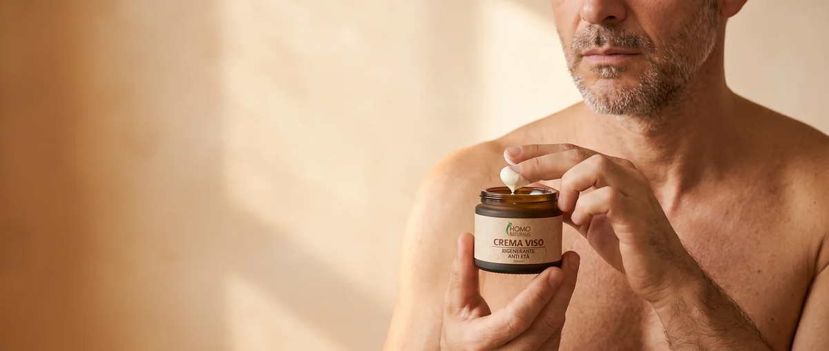 Uomo che preleva la Crema Viso Homo Naturalis dal vasetto